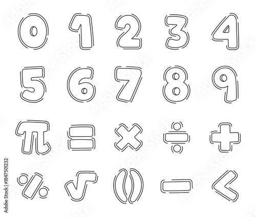 Mathematics symbol set in outline line art showing educational numbers and signs for learning arithmetic geometry school teaching science, perfect for your creative knowledge projects