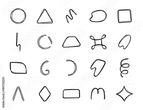 Geometric shape outline line art set showing abstract hand drawn doodle forms and minimal contour elements for modern graphic decoration and creative projects