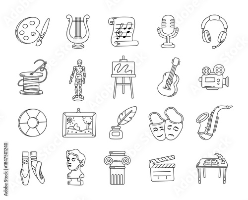 Creativity objects set in outline line art for inspiring handmade activities combining music theatre writing sculpture painting recording crafting and educational for your designs projects