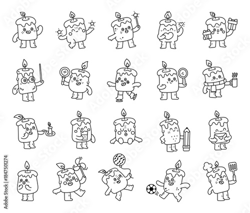 Candle character set in outline line art showing different emotions and poses holding gift, heart, ice cream, envelope, balloon, spatula, pinwheel, mug, pointer, mirror