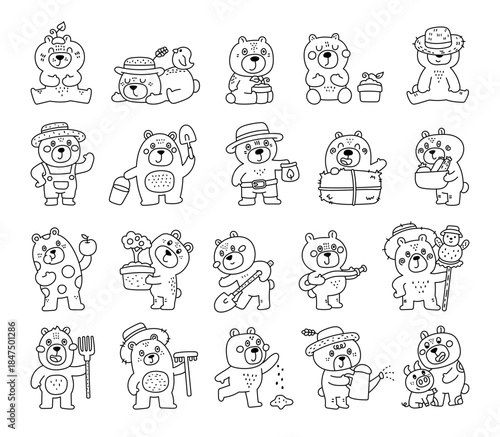 Bear farmer character set in outline line art showing different emotions and poses countryside animals working on farm activities and gardening scenes with tools food harvest
