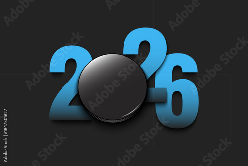 New Year numbers 2026 and hockey puck on an isolated background. Creative design pattern for greeting card, banner, poster, flyer, party invitation, calendar. Vector illustration