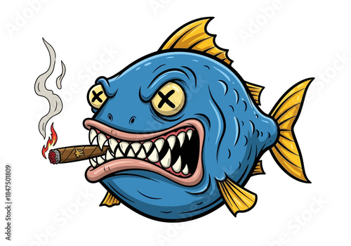 An angry blue fish smokes a lit cigar with sharp teeth and yellow fins.