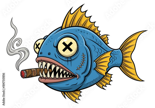 A cartoon blue fish with yellow fins smokes a cigar on a white background.