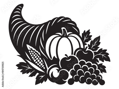Silhouette black of cornucopia harvest horn overflowing produce vector illustration