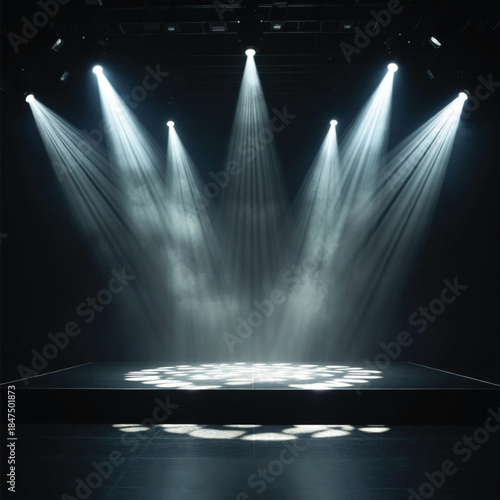 Bright blue stage spotlight beams pierce the dark theater space during a concert show