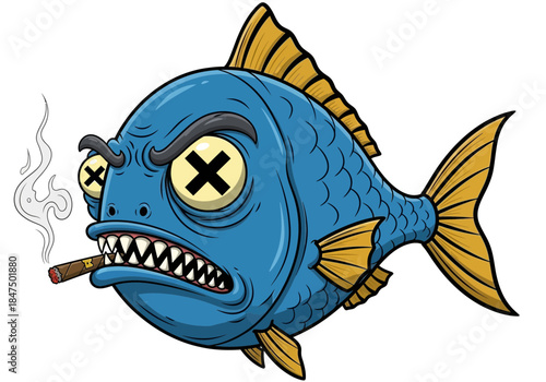 An angry blue fish with sharp teeth smokes a cigar in a cartoon illustration.