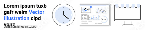 Time management, analytics, data visualization, productivity, technology, planning. A clock, a graph-filled dashboard and a monitor together. Time management and analytics theme