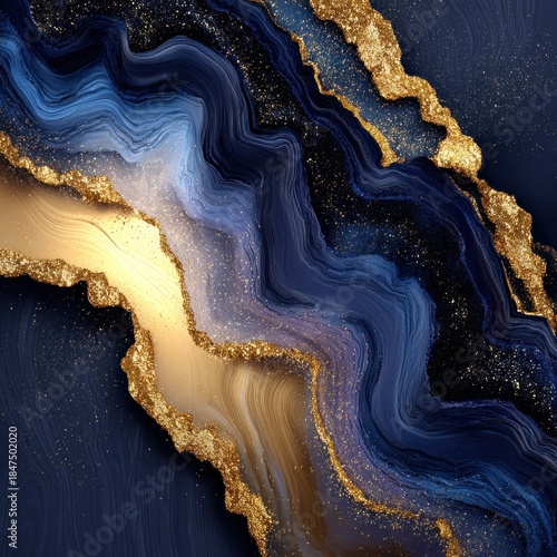 Abstract flowing design in shades of blue and gold with textured patterns