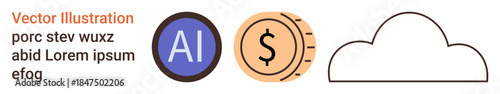 Artificial intelligence, cloud storage, financial technology, cryptocurrency, data connectivity, online services. AI icon, dollar symbol cloud shape with sample text. AI and cloud storage