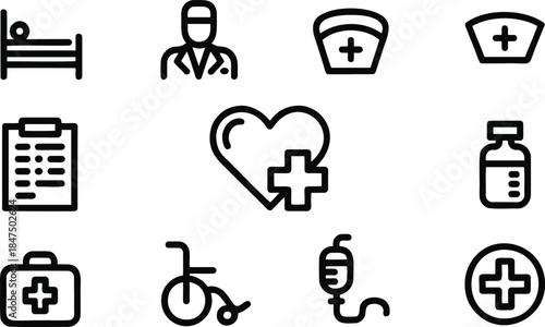Produce 10 healthcare thin-line icons black and white heart with cross, hospital bed, doctor figure, nurse cap, medical chart, pill bottle, first aid kit, wheelchair, IV drip, emergency sign.