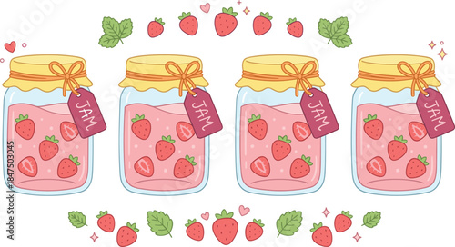 Strawberry jam jars, cute decor, hearts, sparkles, fruit, homemade food, whimsical style, flat vector illustration