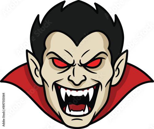 Vampire head, cartoon style, red eyes, fangs, pointed ears, slick hair, horror theme, Halloween, flat vector illustration