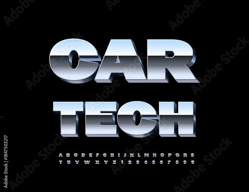 Vector Steel icon Car Tech. Silver 3D Font. Reflective Metallic Alphabet Letters and Numbers set.