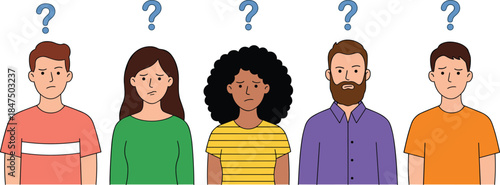 Confused people, puzzled expressions, question marks, uncertainty, diverse characters, emotional reaction, communication concept, flat vector illustration