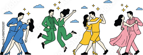 Dancing couples, colorful outfits, joyful movement, celebration, dance styles, partner connection, whimsical background, flat vector illustration
