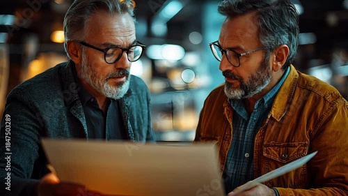 Two Mature Businessmen in Glasses Reviewing Documents in a Modern Office Setting.