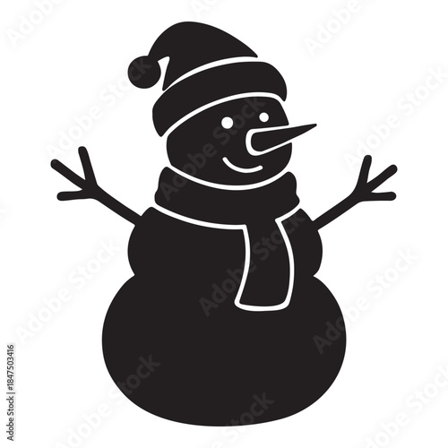 Silhouette black of classic snowman wearing a winter hat and scarf vector illustration