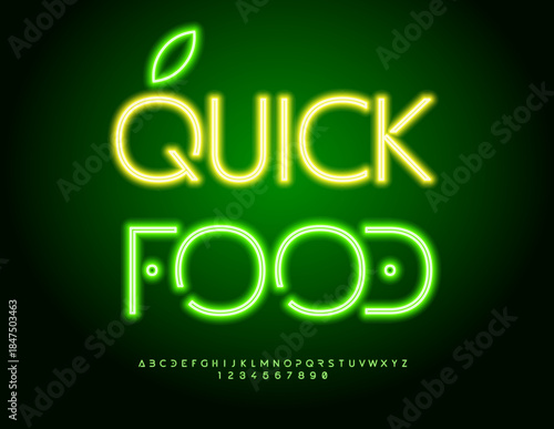 Vector Glowing Promotion Quick Food for Cafe and Super Market. Neon Green Font. Exclusive Futuristic Alphabet Letters and Numbers set.