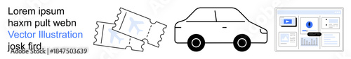 Transportation, travel booking, online services, car rental, ticketing systems, web-based management. Two tickets, a car and a digital interface. Transportation and travel booking concept