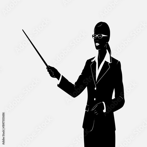 Female Teacher Silhouette Pointing with Stick at Invisible Blackboard, Educating Students in a Classroom.