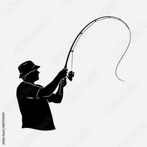 Fisherman Silhouette Casting Fishing Rod and Line into Water at Sunrise, Peaceful Angling.