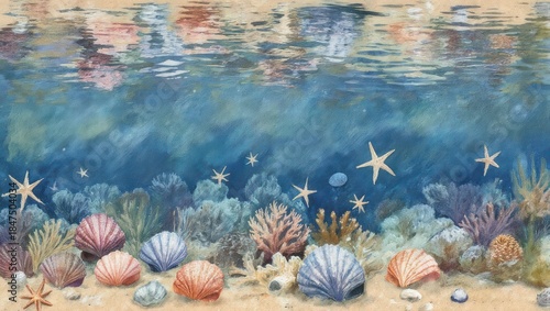 Watercolor underwater scene with seashells, starfish, and coral reef illustration.