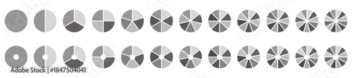 Parts of diagram wheel from 1 to 20. Outline black graphics. Template of pie chart. Coaching blank. Segmented charts. Sectors divide the circle on equal parts. Pie charts, pizza charts infographic set