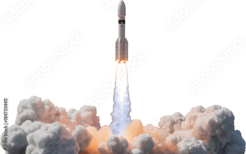 Rocket launching with flame trail effects, transparent background