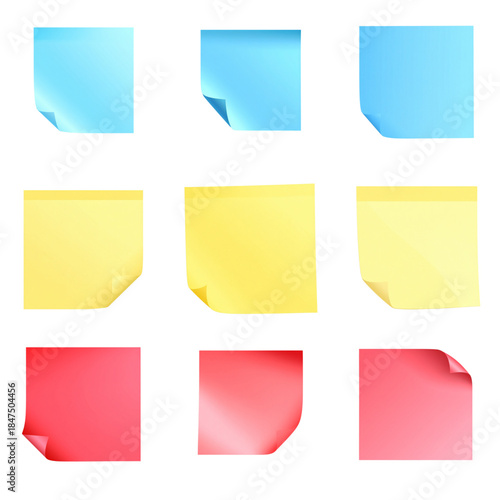 Blank yellow sticky note paper set with vector office memo labels and empty business message stickers for page post design