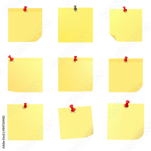 A set of blank yellow sticky notes and memo pads pinned to an office board for business reminders, messages, and adhesive list announcementsA set of blank yellow sticky notes and memo pads pinned to a