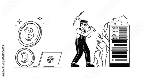 Illustration of Bitcoin mining concept with coins and server.