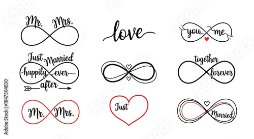Infinity symbols with wedding and love phrases for couples.