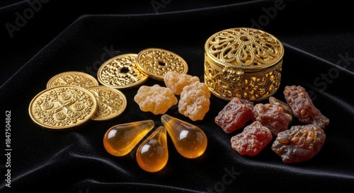 Still life of gold coins, frankincense, amber, and jewelry box on a black velvet fabric.