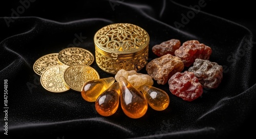 Golden coins, amber drops, and frankincense resin with a decorative box on black velvet.