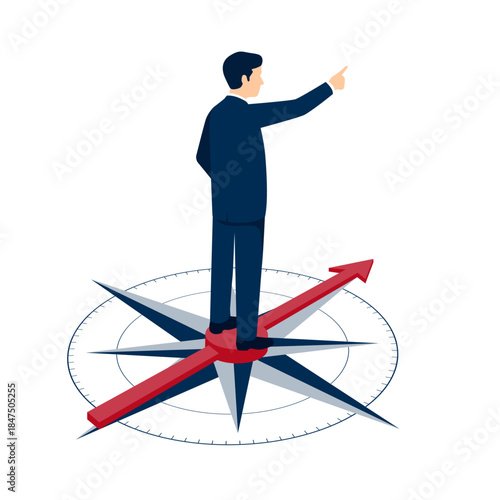 羅針盤の上に立ち進む方向を指し示すビジネスマンのイラスト