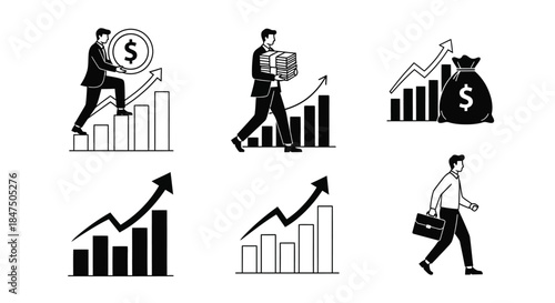 Businessmen and bar charts illustrate financial growth and progress.