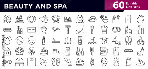 Beauty and Spa Line Icon Set. Skincare, massage, manicure, pedicure, cosmetics, wellness, hair, spa treatment, relaxation, salon, body care vector illustration icons. Editable pixel-perfect stroke