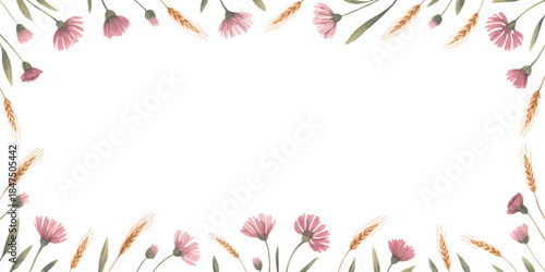 Rustic watercolor square frame with wildflowers and wheat stems