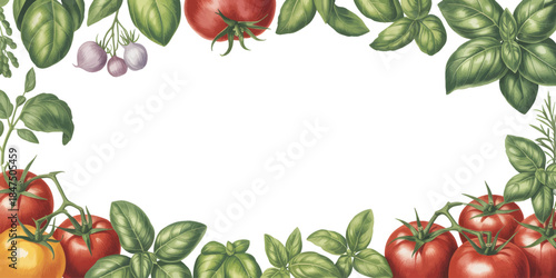Rustic watercolor frame with tomatoes, basil, and Italian herb garden