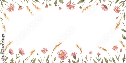 Rustic watercolor square frame with wildflowers and wheat stems