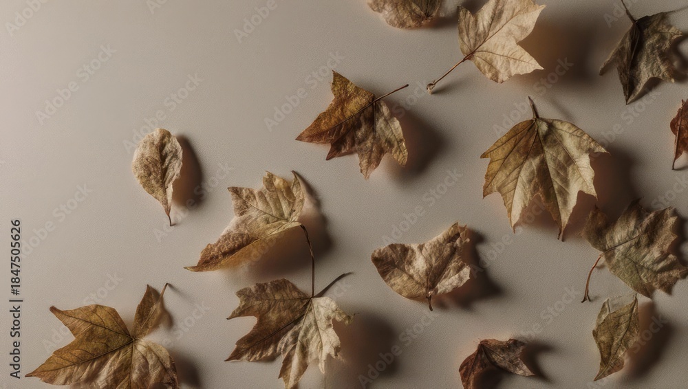 Fototapeta premium Autumn leaves scattered on a light brown background creating a natural pattern.