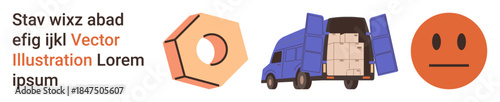Logistics, delivery services, packaging, transportation, shipping solutions, customer feedback. Open delivery truck with boxes, geometric tool icon and neutral emoticon. Logistics and delivery
