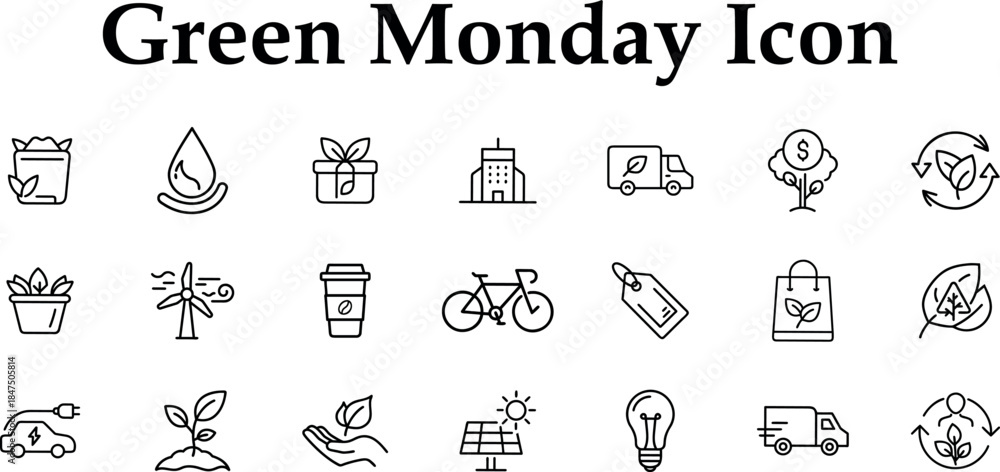 Fototapeta premium Green Monday icon set collection of outline symbols for ecology, sustainability, recycling, electric vehicles, solar power, and ecofriendly living isolated on transparent background