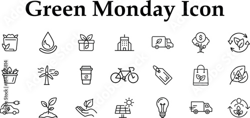 Green Monday icon set collection of outline symbols for ecology, sustainability, recycling, electric vehicles, solar power, and ecofriendly living isolated on transparent background