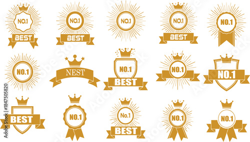 Vector collection of golden and silver labels featuring sun icons and summer design elements with yellow sunrise patterns and orange sunlight symbols in a nature illustration set