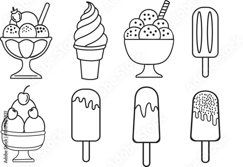 Vector outline illustrations of delicious frozen desserts ice cream cones, scoops in bowls, and popsicles. Ideal for sweet menu designs