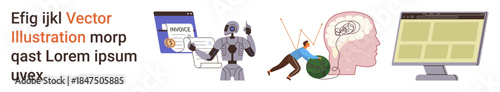 Artificial intelligence, neuroscience, technology, education, online tools, cybersecurity. A robot holding a paper, a brain with activity and a monitor. Artificial intelligence and neuroscience