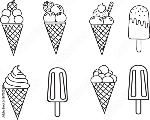 Collection of various ice cream cones and popsicles, presented in a simple line art style