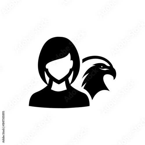 Creative female portrait merged with falcon mascot for visionary business identity On white Background Vector illustration